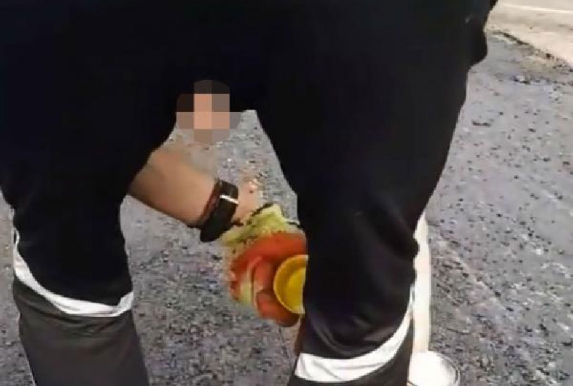 Road Worker Caught With Balls Hanging Out